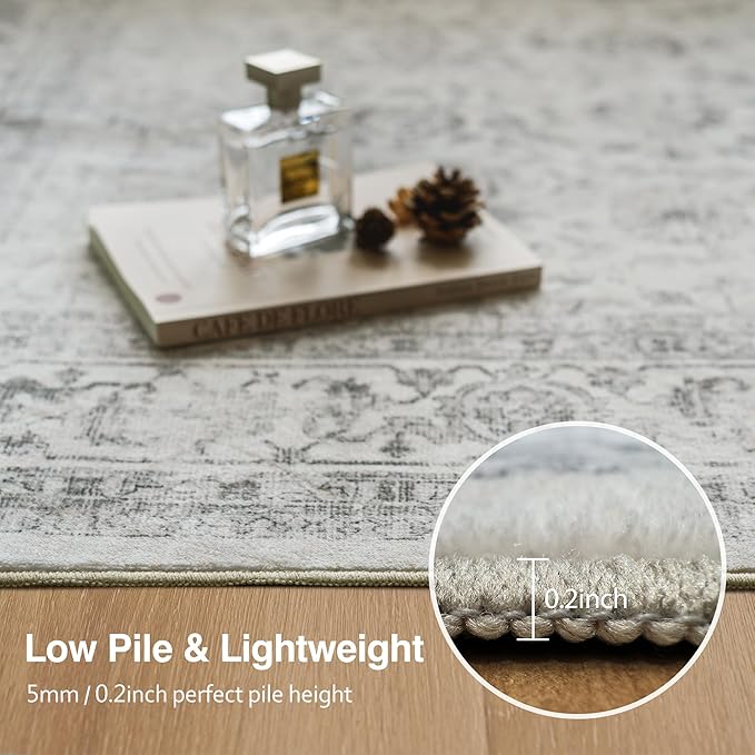 FMFUNCTEX 4x6 Washable Area Rug Grey Neutral Vintage Non Slip Low Pile Traditional Indoor Carpet for Entryway Living Room Bedroom Soft Retro Floral Mat Throw Rug for Dining Office Kitchen Entryway