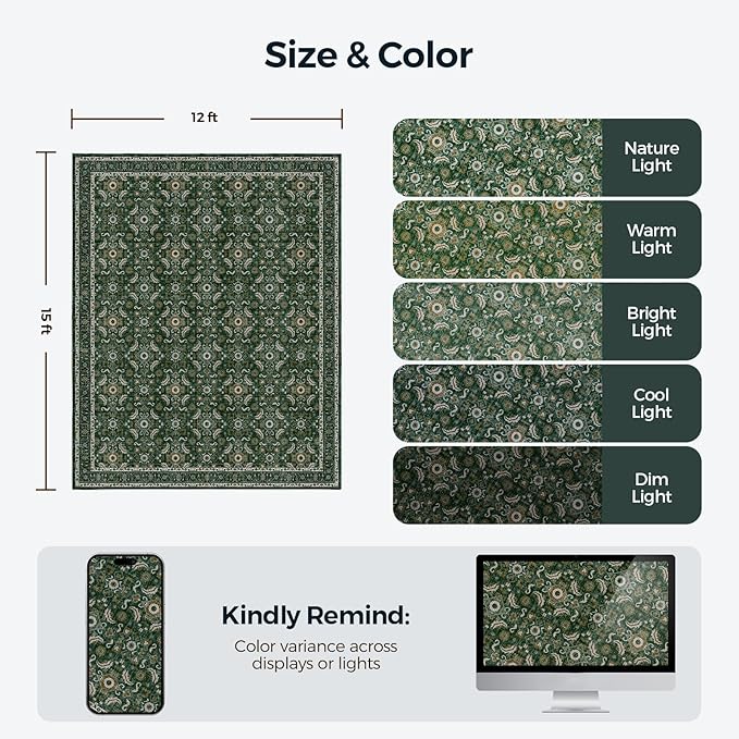 WITSHOCK Living Room Area Rugs 12x15: Soft Non-Slip Backing Washable Rugs Vintage Large Carpet for Bedroom Office Dining Room Kitchen Stain Resistant Home Decor Rug, Dark Green