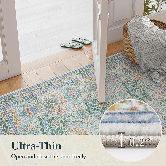 Lahome Floral Washable Rugs for Entryway, 2x3 Kitchen Rugs Non Slip Boho Soft Door Mat Indoor Entrance, Ultra-Thin Easy Clean Forest Design Small Throw Carpet for Bedroom Bathroom, Green