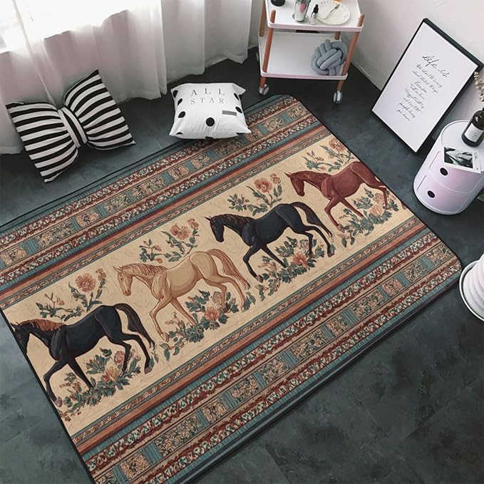 Horse Western Boho Ethnic Style Area Rug Washable Outdoor Rugs Anti-Slip Soft Carpet Entryway Indoor Door Mat for Bedroom,Living Room,Porch,Terrace and Entrance Decor 3'x 2'
