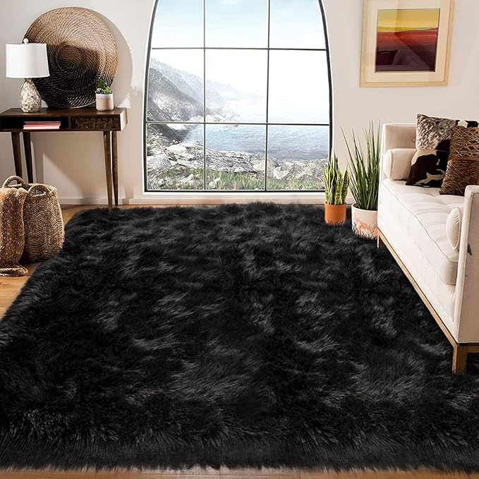 Latepis Large Black Rug Big Rugs for Bedroom 6.7x10 Area Rug Faux Sheepskin Fur Rug for Living Room Entertainment Room Office Bedroom Luxury Home Decor
