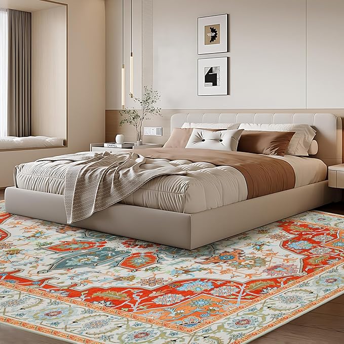 WILLSUN Washable Area Rugs, 9x12 Non-Slip Boho Large Area Rugs for Living Room, Bedroom, Machine Washable Vintage Rug, Indoor Floral Print Carpet for Home Decor, Kid & Pet Friendly Mat
