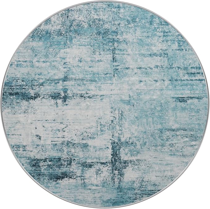 Round 5ft Area Rug Modern Abstract Washable for Living Room Entryway Dining Room Home Office Teal Gray