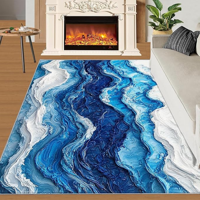 4x5 Ocean Waves Indoor Outdoor Rug - Abstract Waves Bedside Rug, Abstract Art Washable Entry Way Rugs Kids Carpet for Inside House Playroom Living Room End Table Nursery