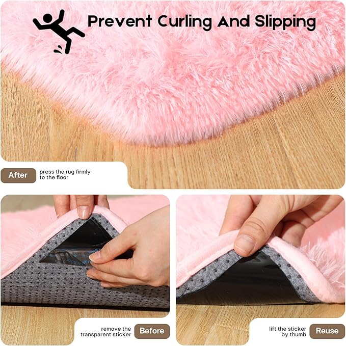 Pink Rugs for Bedroom, 2x3 Fluffy Small Area Rugs for Living Room, Soft Shag Fuzzy Carpet with 4 Non-Slip Stickers for Kids Boys and Girls Nursery Room Dorm Home Decor (Pink, 2ft x 3ft)