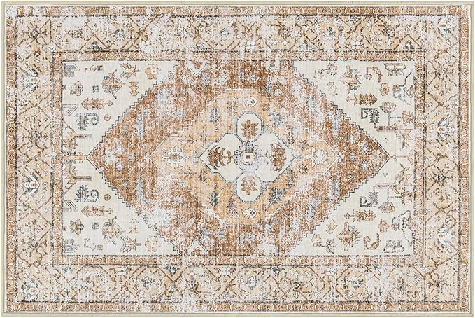Lahome Boho Area Rug for Living Room - 4x6 Rug Washable Non-Slip Throw Bedroom Rug Lightweight Non-Shedding Large Kitchen Carpet, Oriental Distressed Print Carpet for Office Classroom Dining Room