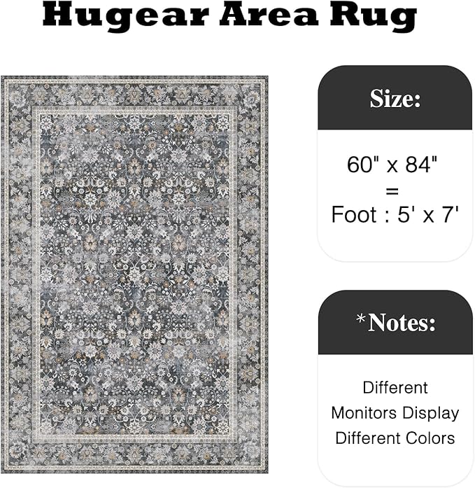 HUGEAR 5x7 Machine Washable Rugs Black Grey Hallway Area Rug Indoor Accent Rug Floral Low Pile Carpet Soft Throw Aesthetic Rug Bedroom Living Room Office Dining Room Kitchen Laundry Room Non Slip