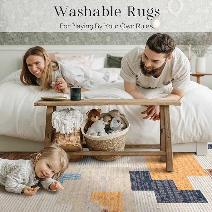 Phantoscope Washable Runner Rug 2'x6' Non-Slip, Modern Neutral Boho Hallway Rugs for Entryway, Stair, Bedroom, Abstract Geometric Blocks Pattern, Low-Pile Foldable Floor Carpet, Warm Terracotta/Cream