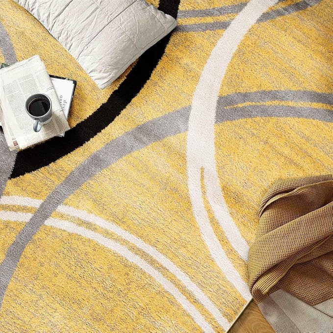 Rugshop Wavy Circles Design Area Rug, Fade-Resistant Carpet for Living Room, Bedroom, or Dining Room, Grand Room,Open Spaces Yellow, 8'8" x 12'