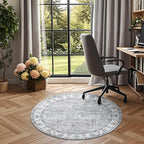 jinchan Fiora Round Rug 4ft Area Rug - Indoor Vintage Hallway Circle 4' Washable - Ultra-Thin Low Pile Soft Small Non Slip Distressed Floral Print for Living Room Dining Room Bedroom Entryway Grey