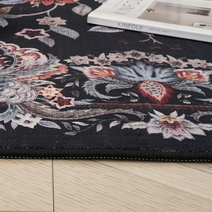 Rugcomf 2'x3' Entryway Rug - Paisley Pattern, Door Mat Indoor Entrance, Floral Vintage, Machine Washable, Non-Slip Low Pile Area Rug for Kitchen, Front Door, Kids Room - Black