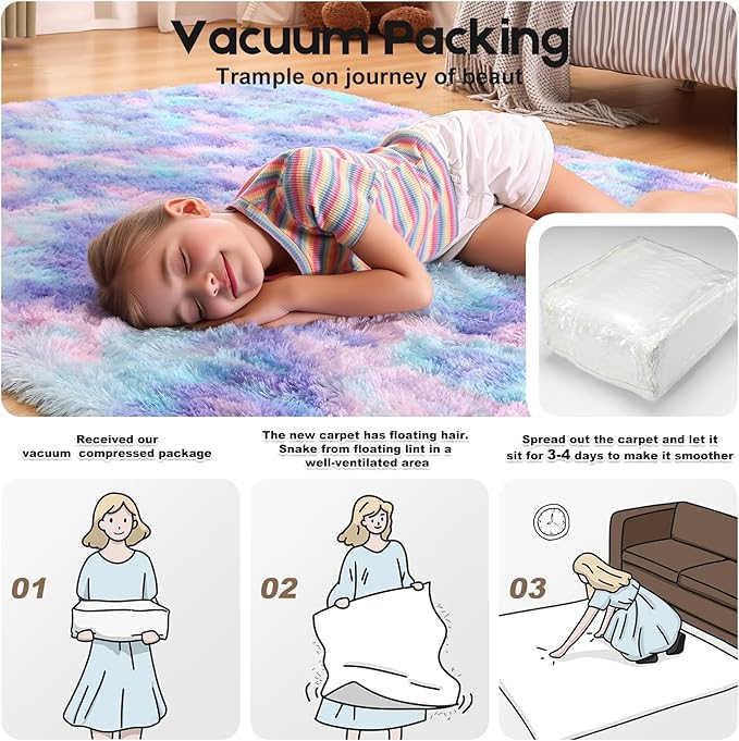 2x3 Rugs for Bedroom, Fluffy Small Area Rugs for Living Room, Soft Shag Fuzzy Carpet with 4 Non-Slip Stickers for Kids Boys and Girls Nursery Dorm Room Home Decor (Rainbow, 2ft x 3ft)