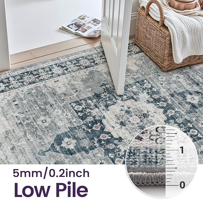 DEXI 9x12 Area Rug for Living Room, Washable Vintage Farmhouse Thin Rug Indoor Floor, Non Slip Stain Resistant Low Pile Carpet for Dining Room Bedroom Office, Blue Grey