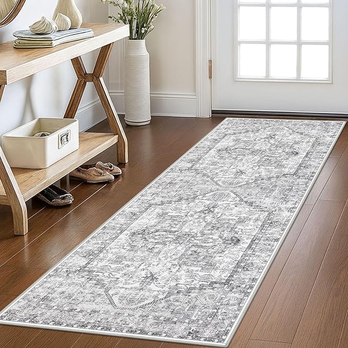KOZYFLY Runners for Hallways 2x6 Ft Washable Kitchen Runner Rug Boho Runner Rug for Entryway Indoor Printed Oriental Faux Wool Floor Carpet Runner for Bedroom Kitchen Hall, Gray