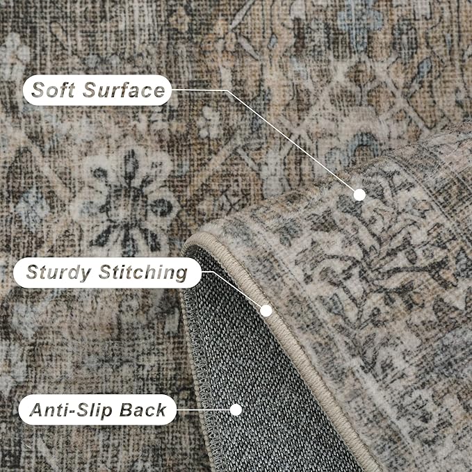 10x14 Washable Area Rug Grey Brown Vintage Rug for Living Room Bedroom Low Pile Soft Non-Slip Boho Rug for Under Table Boho Distressed Retro Carpet for Bedroom Dining Room