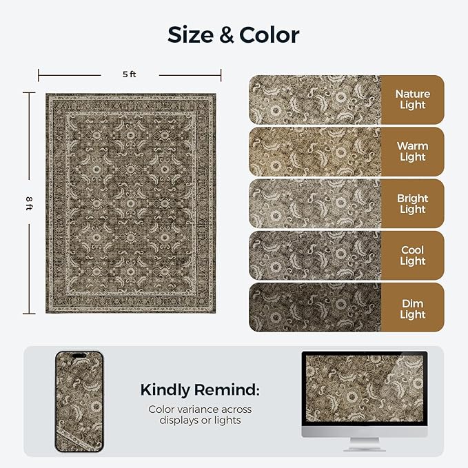 WITSHOCK Living Room Area Rugs 5x8: Soft Non-Slip Backing Washable Rugs Vintage Large Carpet for Bedroom Office Dining Room Kitchen Stain Resistant Home Decor Rug, Dark Brown