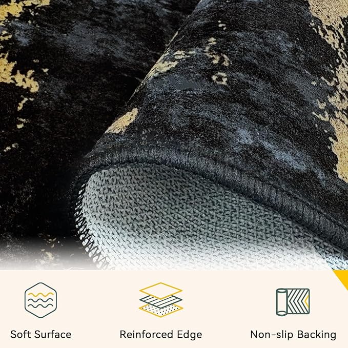 Washable Area Rugs 8'x10' Non-Slip Modern Abstract Soft for Living Room Entryway Bedroom Nursery, Print Pattern, Dark Black Gold