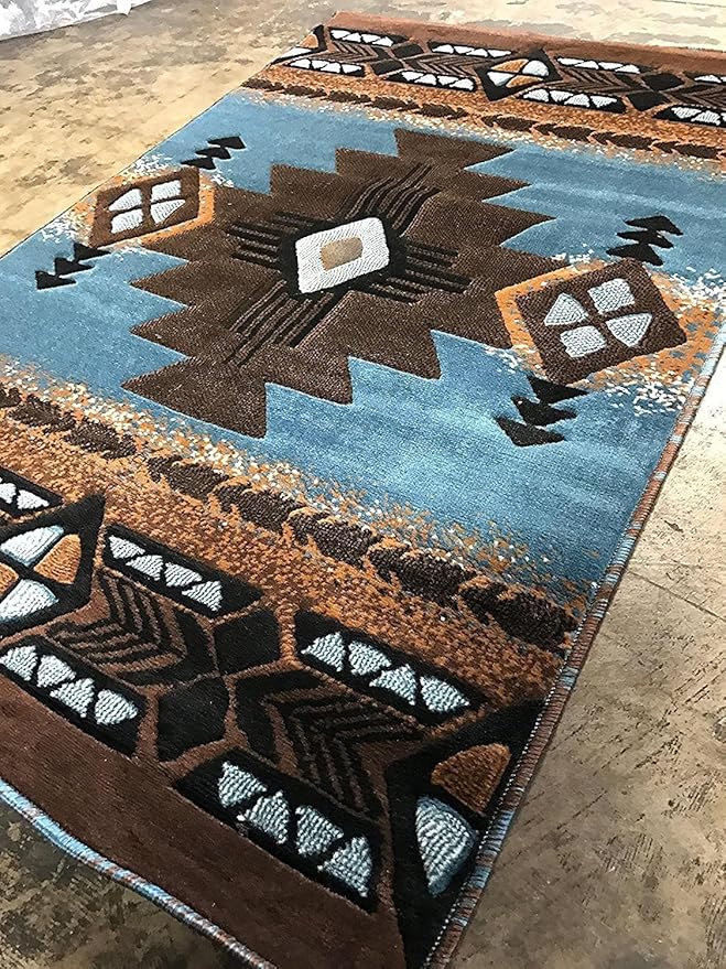 YHSF South West Native American Area Rug C318 - Easy Clean, Thick, Soft, Durable Native Tribal American Indian Inspired Rug for Bedroom/Living Room and More - Blue-Brown, 2 ft 4 in x 10 ft 11 in