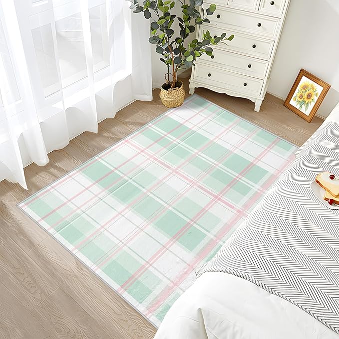 Plaid Large Area Rug 8x10 - Mint Green Tartan Gingham Rugs for Living Room Non Slip Low Pile Machine Washable Dining Room Rug, Plaid Carpet Home Decor & Gifts