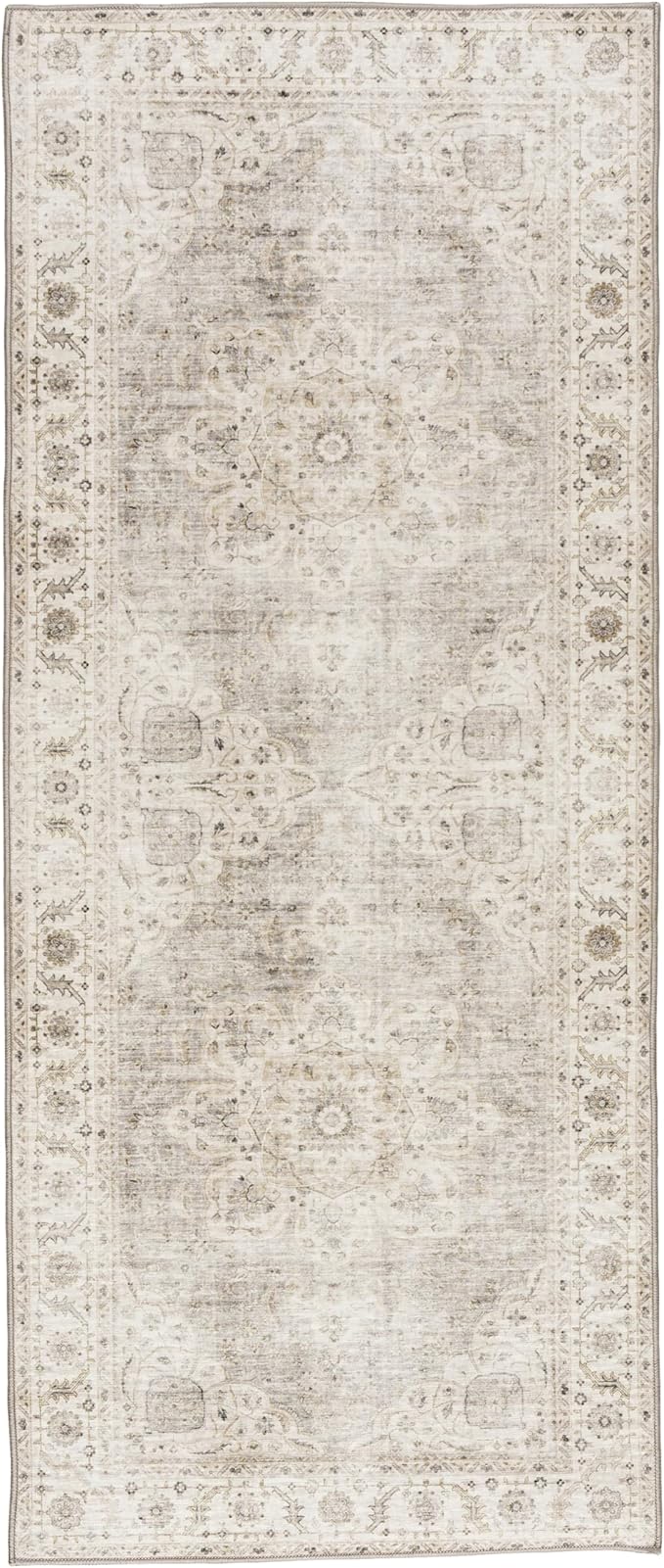 ReaLife Rugs Machine Washable Area Rug Runner - Living Room Bedroom Bathroom Kitchen Entryway Office - Padded Low Pile Stain Resistant Premium - Boho Farmhouse Vintage - Joy - Beige Ivory 2'6" x 10'