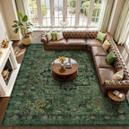 Extra Large Area Rugs 10x14 for Living Room, Dark Green Farmhouse Distressed Printed Carpet Rugs for Bedroom Low Pile Thin, Non Slip Washable Neutral Boho Rug for Dining Room