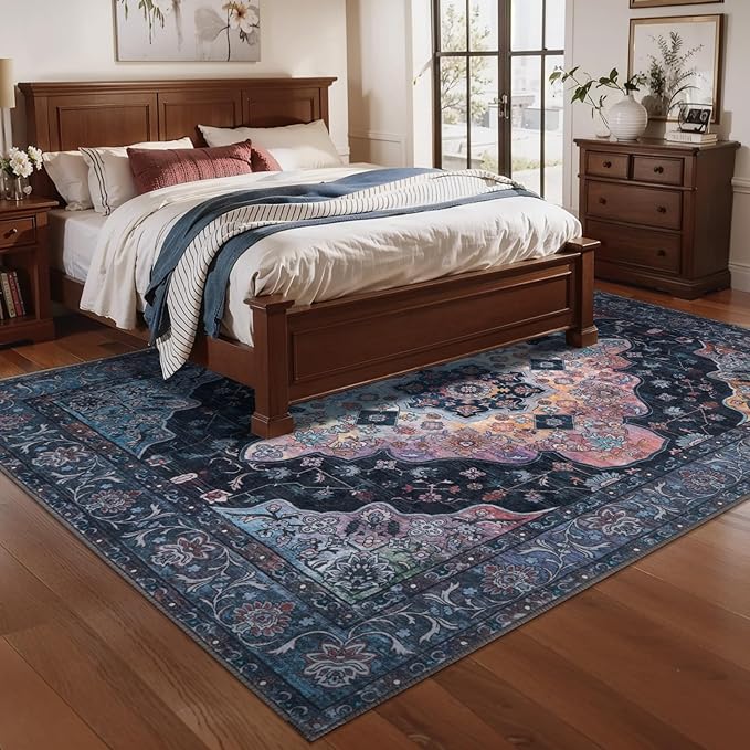 Tangsoo 8x10 Area Rug for Living Room, Washable Vintage Rug Indoor Non Slip Large Area Rugs, Print Distressed Navy/Multi Carpet, Soft Low Pile Rug Foldable for Bedroom Dining Room Dorm