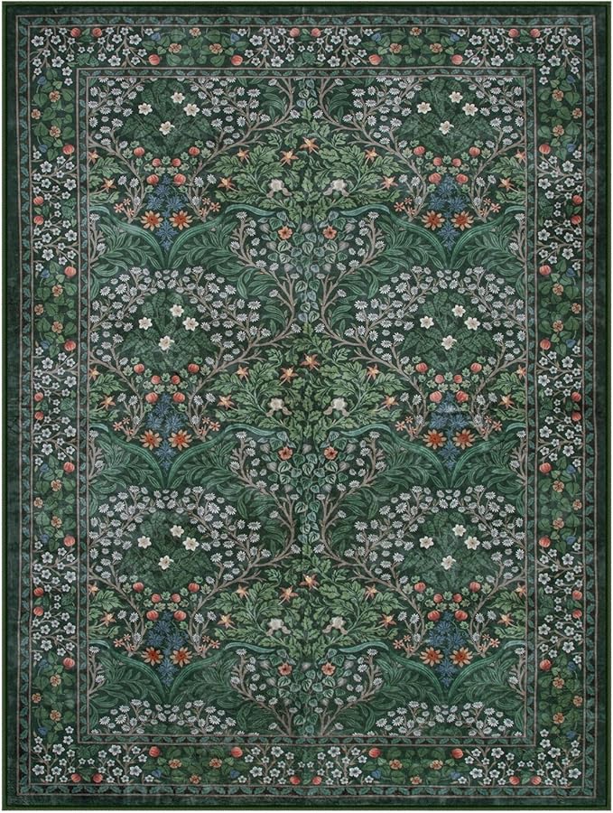 Lahome Floral 9x12 Area Rugs for Living Room Bedroom, Soft Washable Rugs 9x12 Stain Resistant, Ultra-Thin Non-Slip Boho Dining Room Rug Non-Shedding Accent Carpet for Office, Dark Green