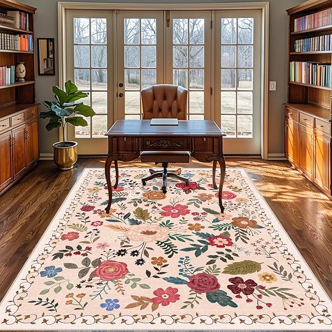 6x9 Area Rugs for Living Room Clearance Washable Boho Area Rug, Vintage Floral Non Slip Low Pile Large Rug for Living Room, Bedroom, Dining Room, Farmhouse (6 x 9 Beige Red)