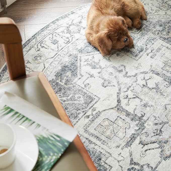 jinchan Kelda Round Rug 7ft Washable Area Rug Indoor Vintage Bedroom Floor Cover Distressed Circle Mat 7' Round Lightweight Non Slip Low Pile Thin Farmhouse Carpet for Living Room Dining Room Grey