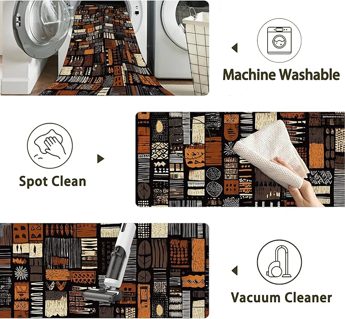 African Style Brown Orange Area Rug for Living Room, Non-Slip Backing Low Pile Modern Abstract Rug for Indoor Use, 3x5 Washable Carpet