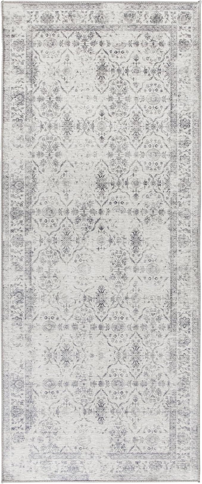 ReaLife Rugs Machine Washable Area Rug Runner - Living Room Bedroom Bathroom Kitchen Entryway Office - Padded Low Pile Stain Resistant Premium - Boho Farmhouse Vintage - Noor - Ivory Grey 2'6" x 8'