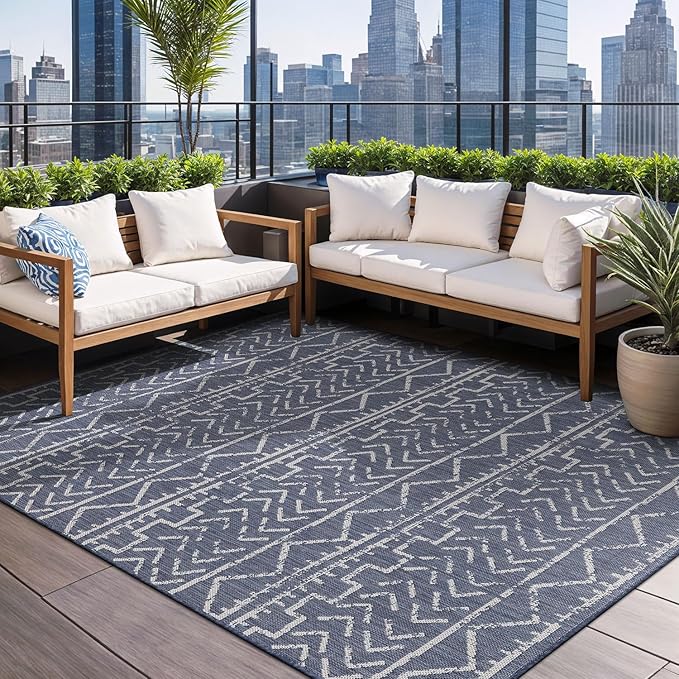 Beverly Rug Waikiki Indoor Outdoor Rug 6x9, Washable Outside Carpet for Patio, Deck, Porch, Trellis Area Rug, Water Resistant, Blue - White