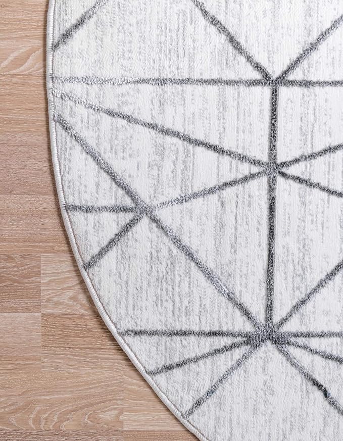 Rugs.com Lattice Trellis Collection Rug – 3 Ft Round White Low-Pile Rug Perfect for Kitchens, Dining Rooms