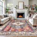 KOZYFLY Boho Area Rug 9x12 Ft Thin Rugs for Living Room Washable Bedroom Rug Non Slip Rugs for Living Room Rust/Orange/Blue Printed Faux Wool Vintage Bedroom Rug Floor Carpet for Dining Room
