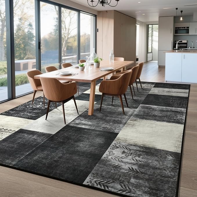 Tepook Modern Area Rug for Living Room, 6x9 Geometric Large Rugs for Bedroom, Washable Patchwork Rug Indoor Non-Slip Throw Carpets for Dining Room Office Farmhouse Home Decor, Black and White