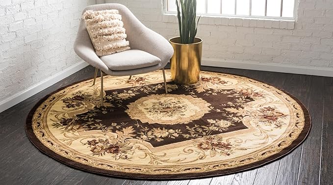 Rugs.com Chateau Collection Rug – 6 Ft Round Brown Medium Rug Perfect for Kitchens, Dining Rooms