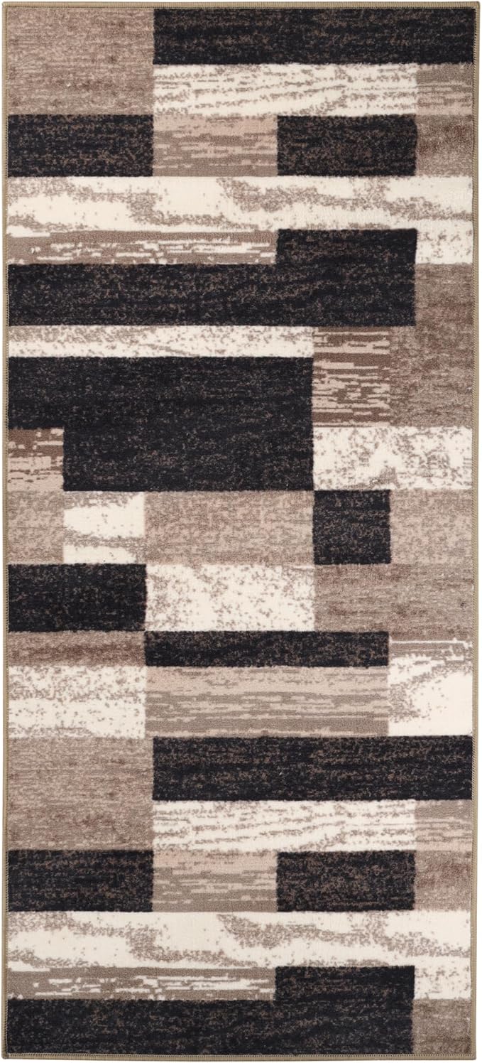 Superior Indoor Runner Rug, Foam Backed, Modern Geometric Patchwork Floor Decor for Bedroom, Office, Living Room, Entryway, Hardwood Floors, Rockwood Collection, 2' 7" x 6', Chocolate