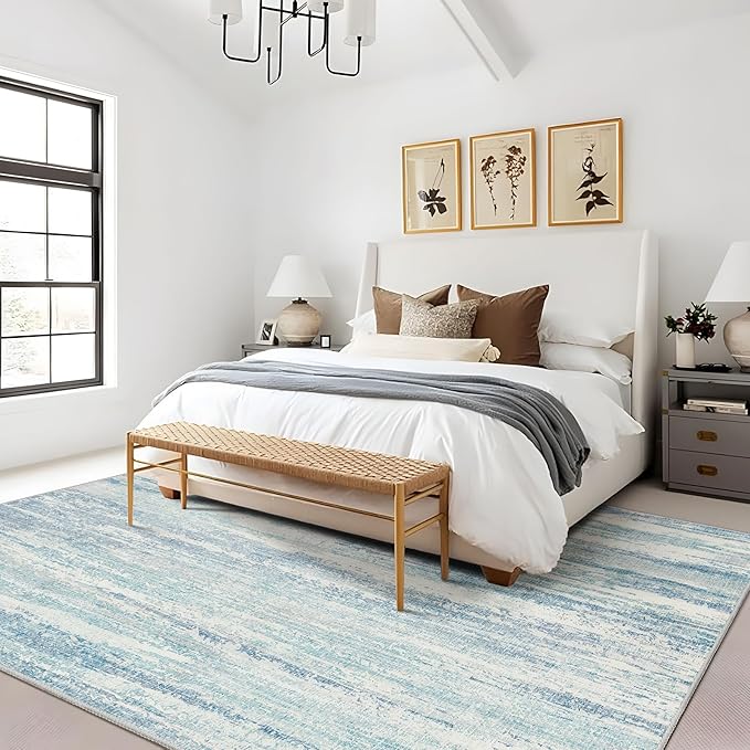 MUJOO 8x10 Area Rugs,Washable Rugs for Living Room Bedroom Dining Room,Modern Abstract Large Non Slip Carpet Indoor,Low Pile Throw Rug Accent Neutral Blue