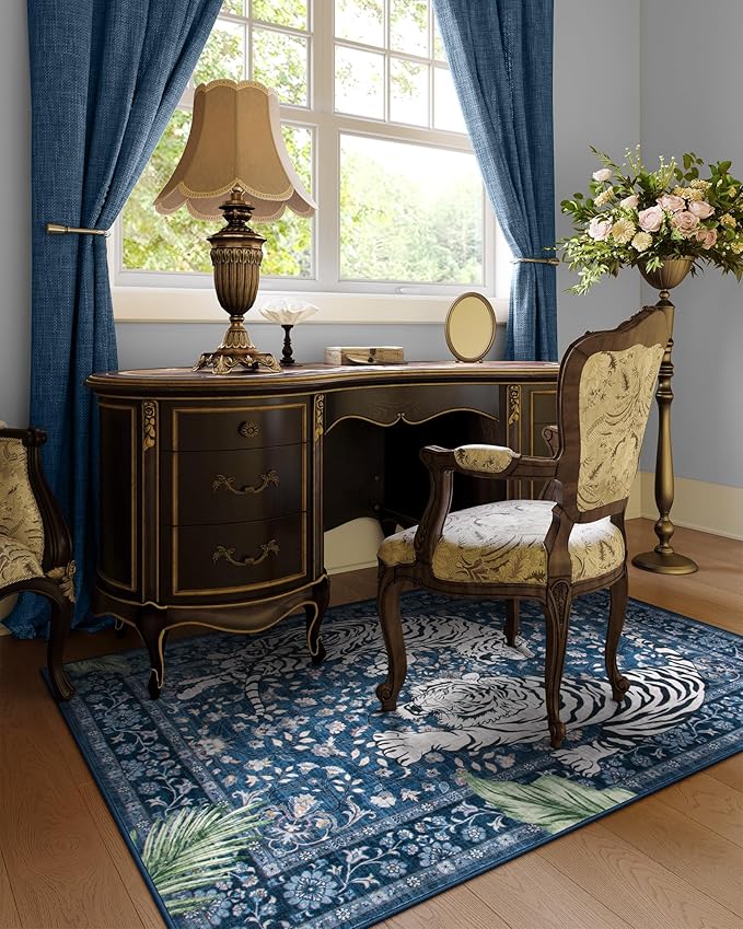 Moynesa Tiger Machine Washable Rug, 3x5 Entry Area Rug Non Slip Vintage Soft Rug for Living Room, Ultra Thin Boho Stain Resistant Kitchen Throw Mat for Entrance Bedside, Blue