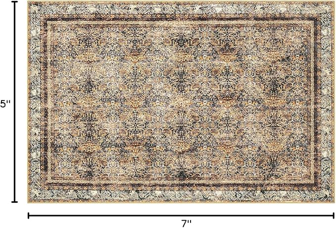 Phantoscope Washable Area Rug 5'x7' Non-Slip, Vintage Neutral Rugs for Living Room, Bedroom, Dining Room, Distressed Boho Floral Medallion Pattern, Low-Pile Foldable Carpet, Brown/Charcoal Spice