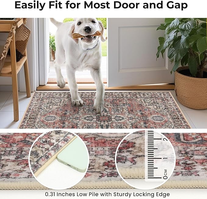 KOZYFLY Boho Area Rug 3x5 Ft Rugs for Entryway Washable Entry Rug Non Slip Door Mat Indoor Entrance Printed Faux Wool Throw Rugs for Entrance Kitchen Living Room, Terracotta/Beige