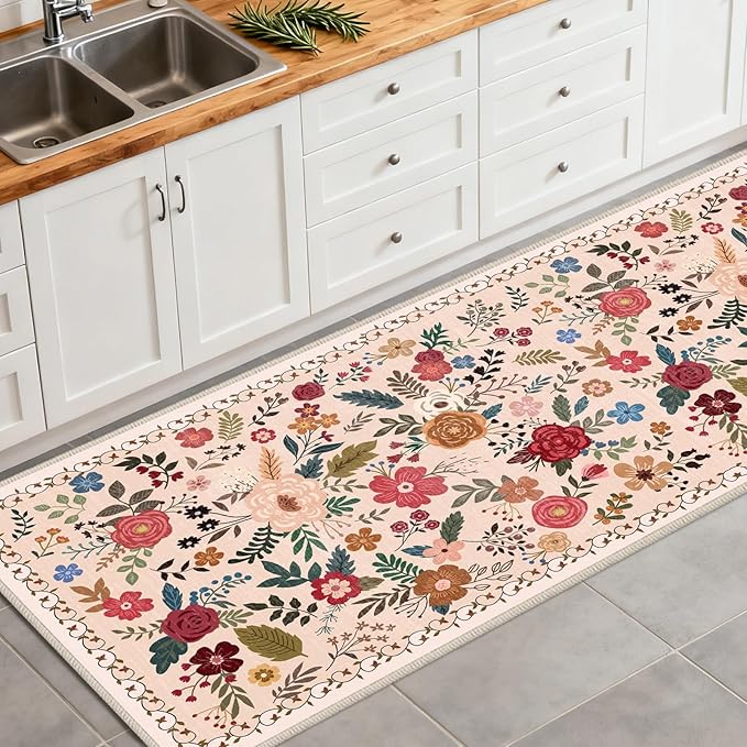 Washable Begie Red 2'6" x 10' Runners for Hallways, Non Slip Long Floor Runner for Kitchen, Entryway Indoor, Stain Resistant Rubber Backing Floral Décor Rug