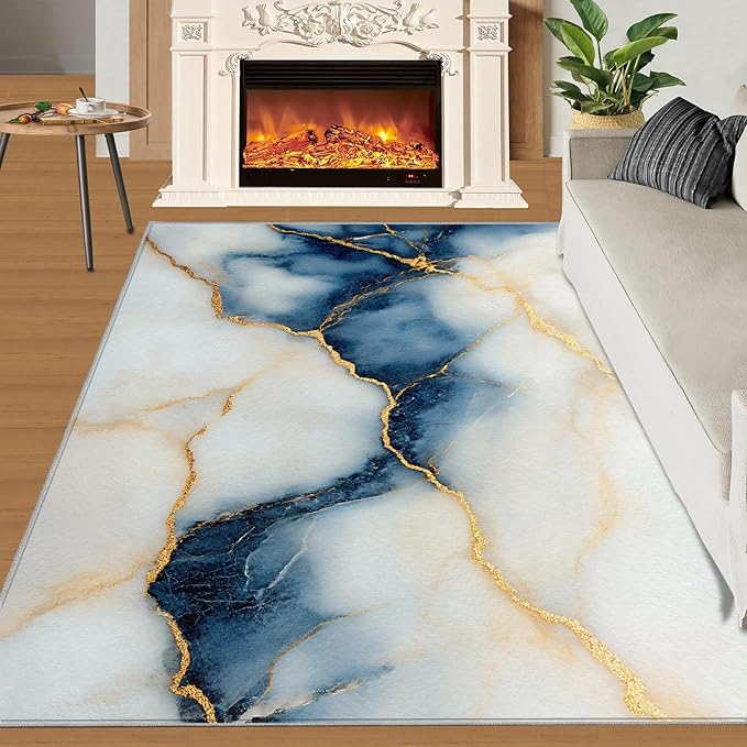 3x4 Abstract Marble Rugs for Entryway - Blue-White-Marble Kids Bedroom Rug, Luxury Stone Pattern Mudroom Rug Soft for Coffee Shop Living Room Under Table Game Room