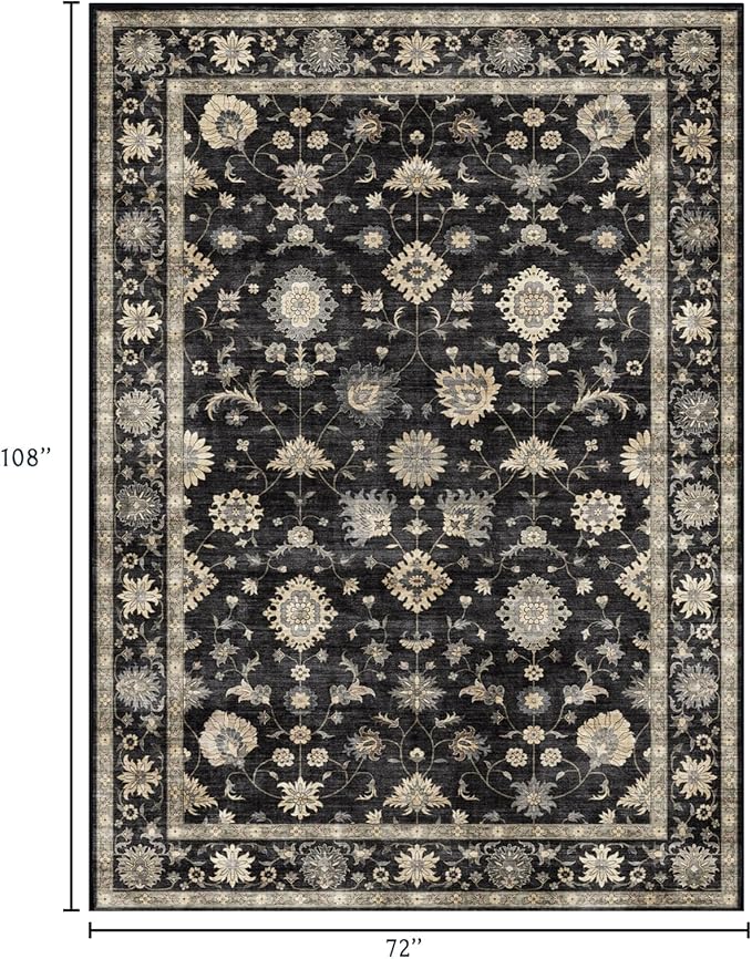 6x9 Area Rug for Living Room - Large Traditional Floral Washable Rugs for Bedroom Non-Slip Charcoal Black Moody Farmhouse Dining Room Rug Low-Pile Carpet Soft Vintage Rug for Office Guest Room