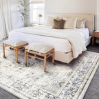 Washable Area Rug 9'x12' Floral Blue Boho Design Non-Shedding Easy Care Ideal for High Traffic Areas in Living Room Bedroom Office Coffee Table Kitchen Large Carpet