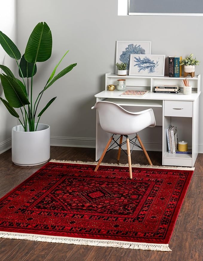 Unique Loom Tekke Collection Area Rug - Sheibani (7' 10" Square, Red/ Black)