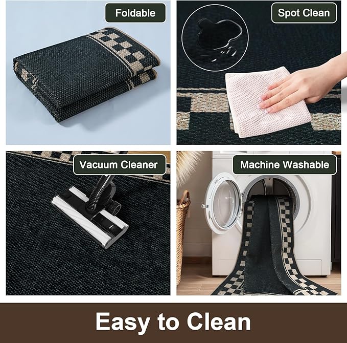 OJIA Easy Jute Runner Rug, 2x6 Kitchen Runner Washable Rug Runners for Hallways Farmhouse Checkered Carpet, Non-Slip Indoor Outdoor Runner Modern Door Mat for Entry Front Door Entryway Porch