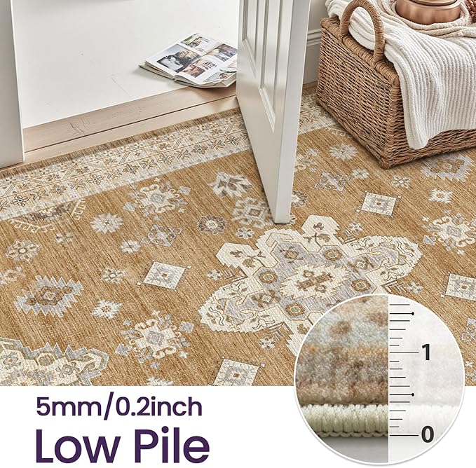 DEXI 10x14 Area Rug for Living Room, Washable Vintage Farmhouse Thin Rug Indoor Floor, Non Slip Stain Resistant Low Pile Carpet for Dining Room Bedroom Office, Light Brown