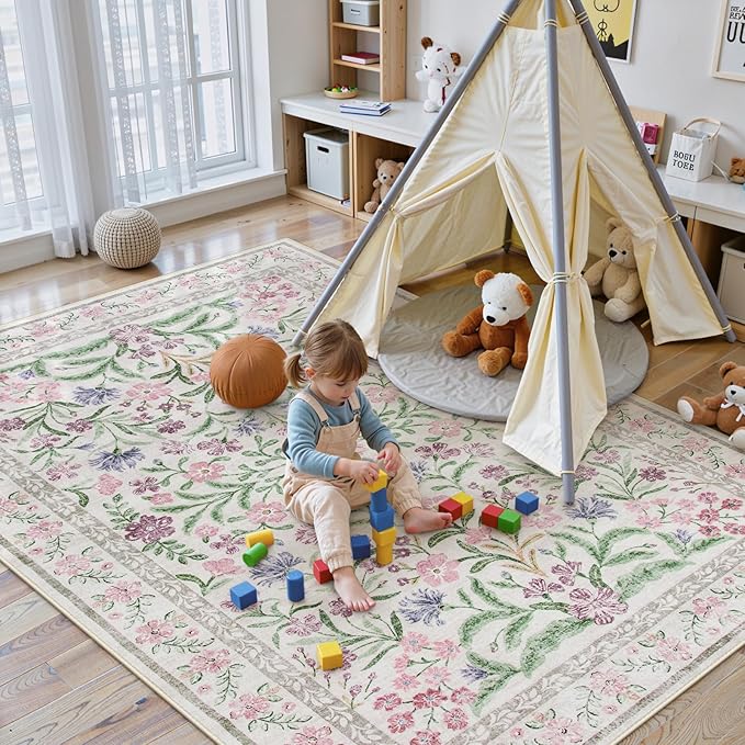 Lahome Boho Purple Floral 5x7 Area Rugs, Washable Rugs for Bedroom Nursery Decor, Soft Non-Slip Lavender Carpet for Kids Room Girls Playroom Living Room, Pale Lilac/Pink