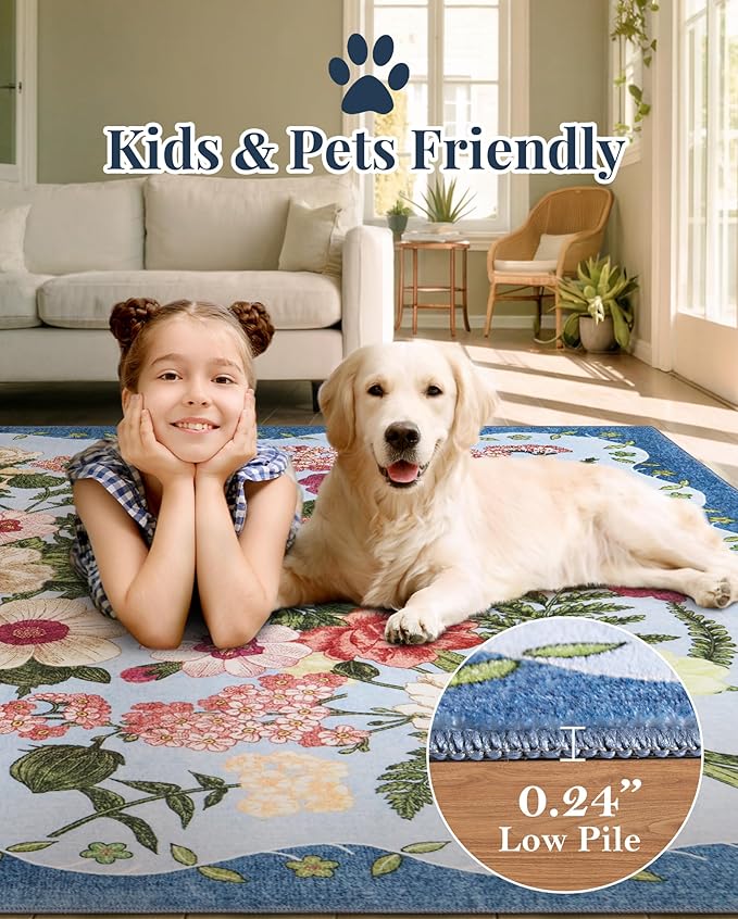 Floral Runner Rug 2x6 - Washable Vintage Kitchen Rug Low Pile Non-Slip Carpet for Entryway Hallway, Laundry, Bedroom - Soft, Stain Resistant Indoor Area Rug - Blue